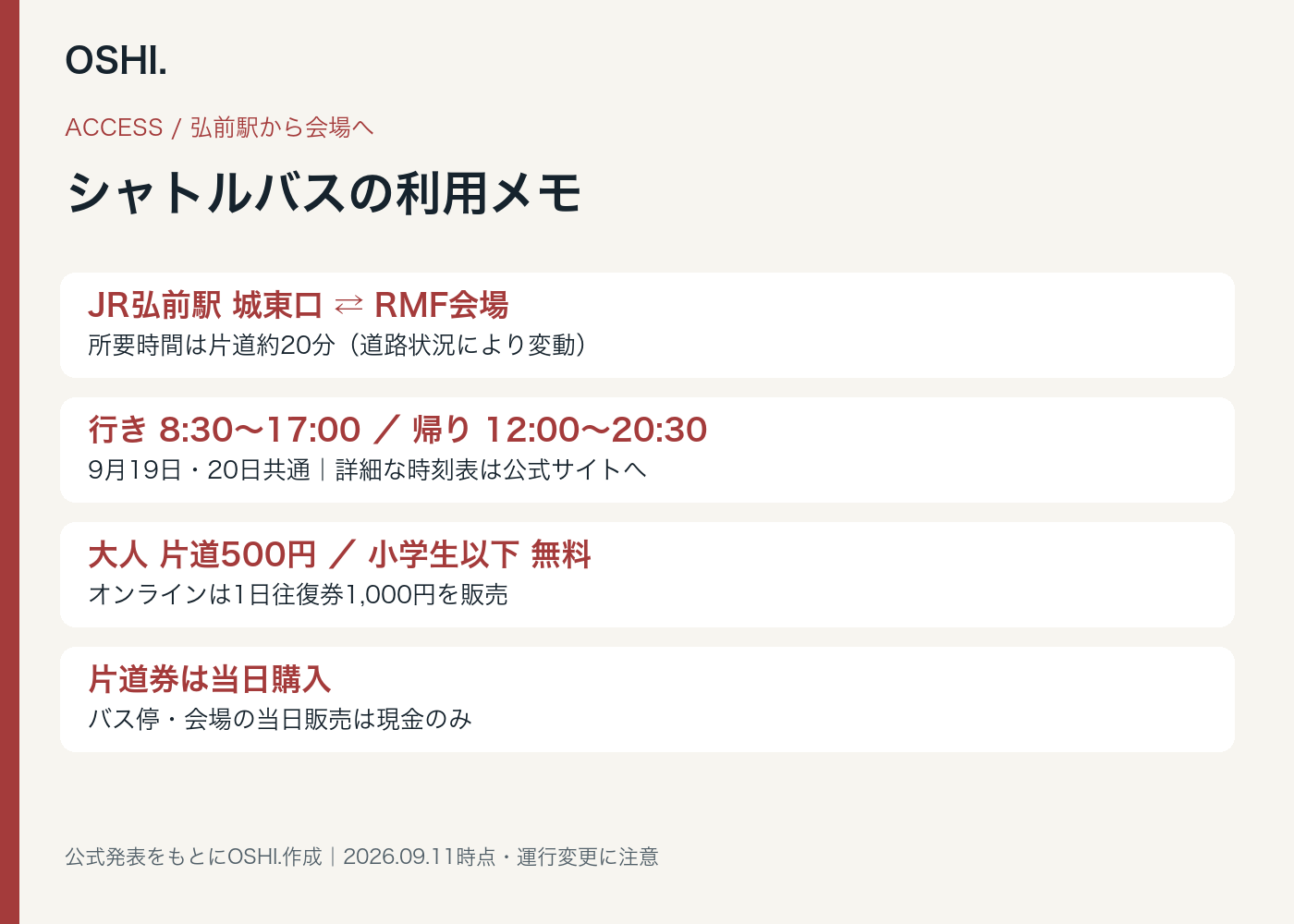 弘前駅から会場へのシャトルバス案内 図版:OSHI./フェス公式発表をもとに作成