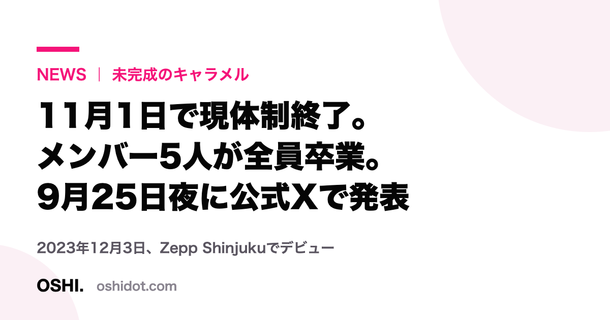 未完成のキャラメルの現体制終了発表の概要をまとめたOSHI.作成のカード画像